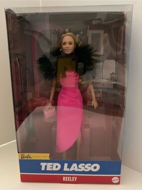 Barbie x Ted Lasso Keeley Jones Doll in Hot Pink Gown with Black Feather Cape